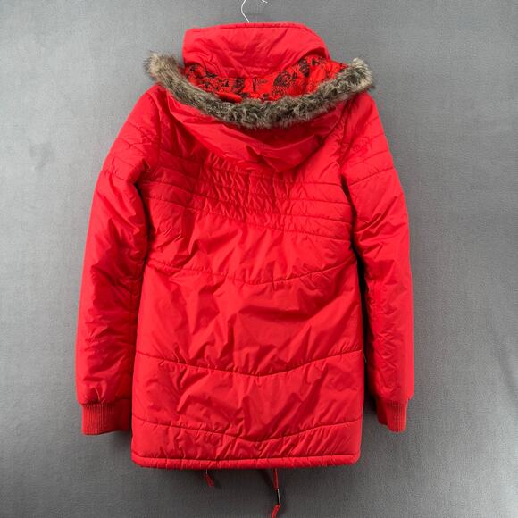 Volcom Hot Mittes Long Puffer Jacket 3/4 Length Large 14 Faux Fur Hood Red - Picture 2 of 14